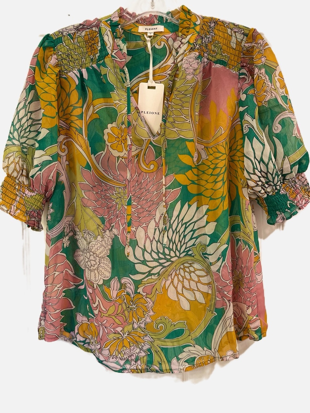 Pleione Anthropology Green Pink Yellow Floral Puff-Short Sleeve Women’s Blouse S